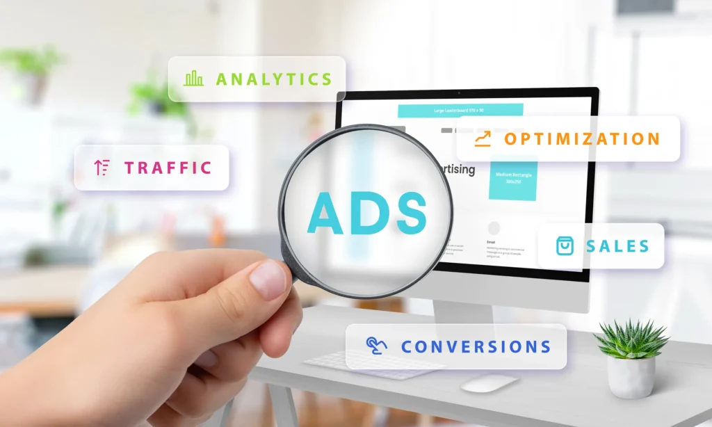 magnifying glass highlighting ads computer screen with floating icons analytics traffic optimization sales conversions symbolizing digital marketing 1 - WebPlover Services